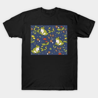 Cottagecore frogs and mushrooms and flowers on blue T-Shirt